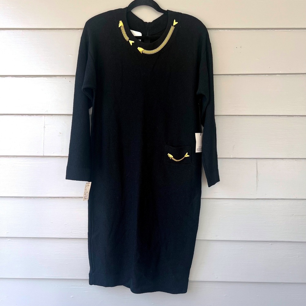 Steve Fabrikant Wool Rayon Dress Gold‎ Tone Fish Accent Vintage NWT $560 Evening